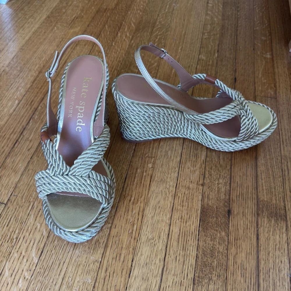 Kate Spade New York Metallic Gold Rope Platform Wedge Slingback Sandals 9.5